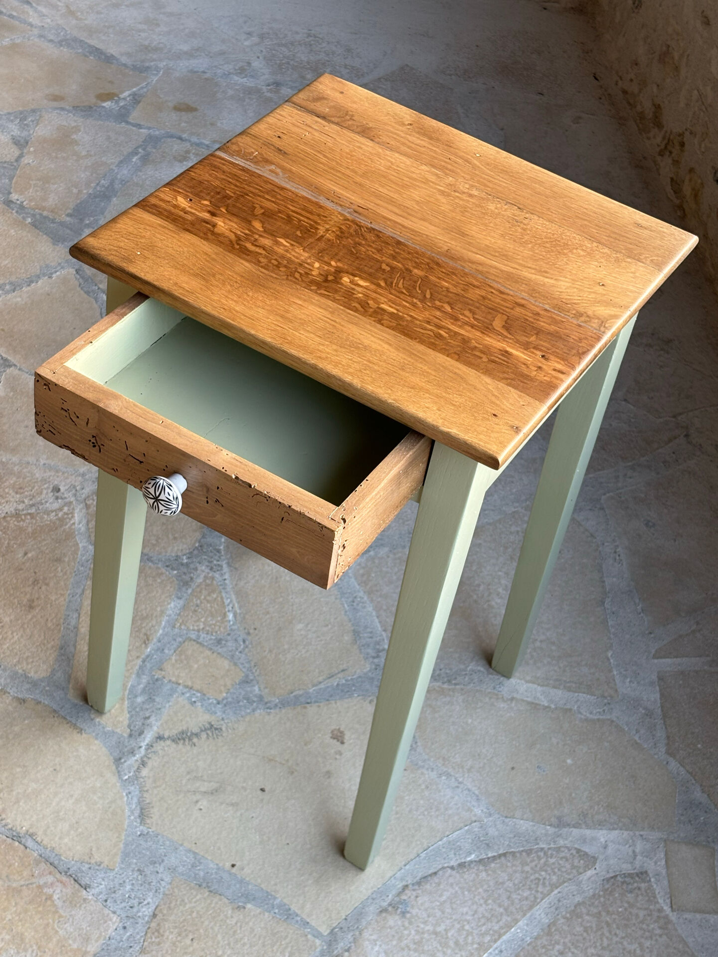 Restored antique oak bedside table - almond green and natural varnished wood