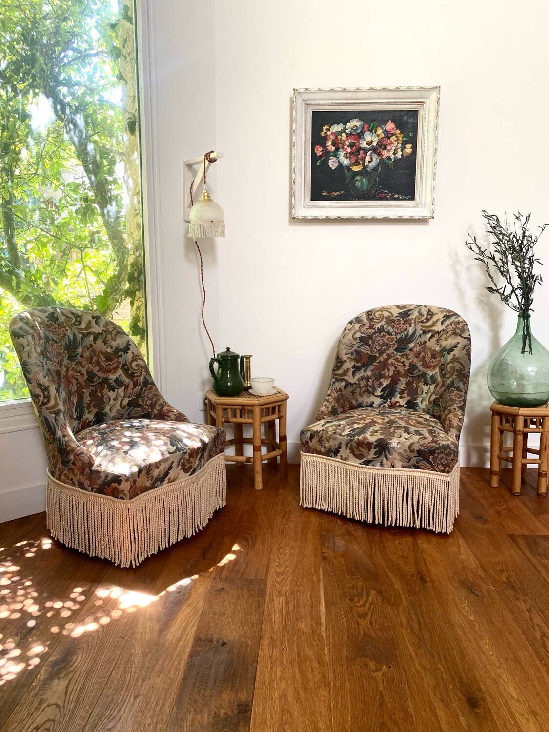 Pair of antique tapestry toad armchairs
