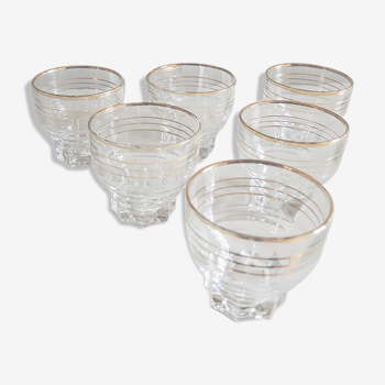 6 anciens gobelet en verre transparent avec bandes dorées h 6,5 cm