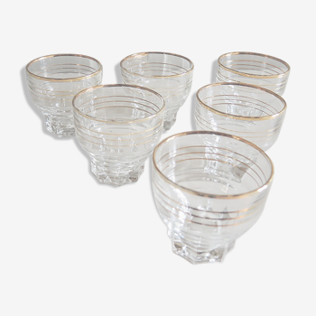 6 old transparent glass cup with golden stripes h 6.5 cm