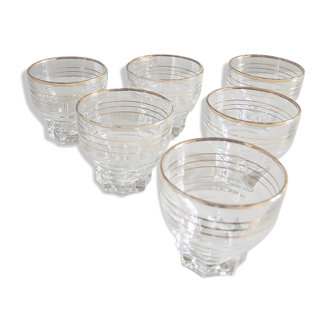 6 anciens gobelet en verre transparent avec bandes dorées h 6,5 cm