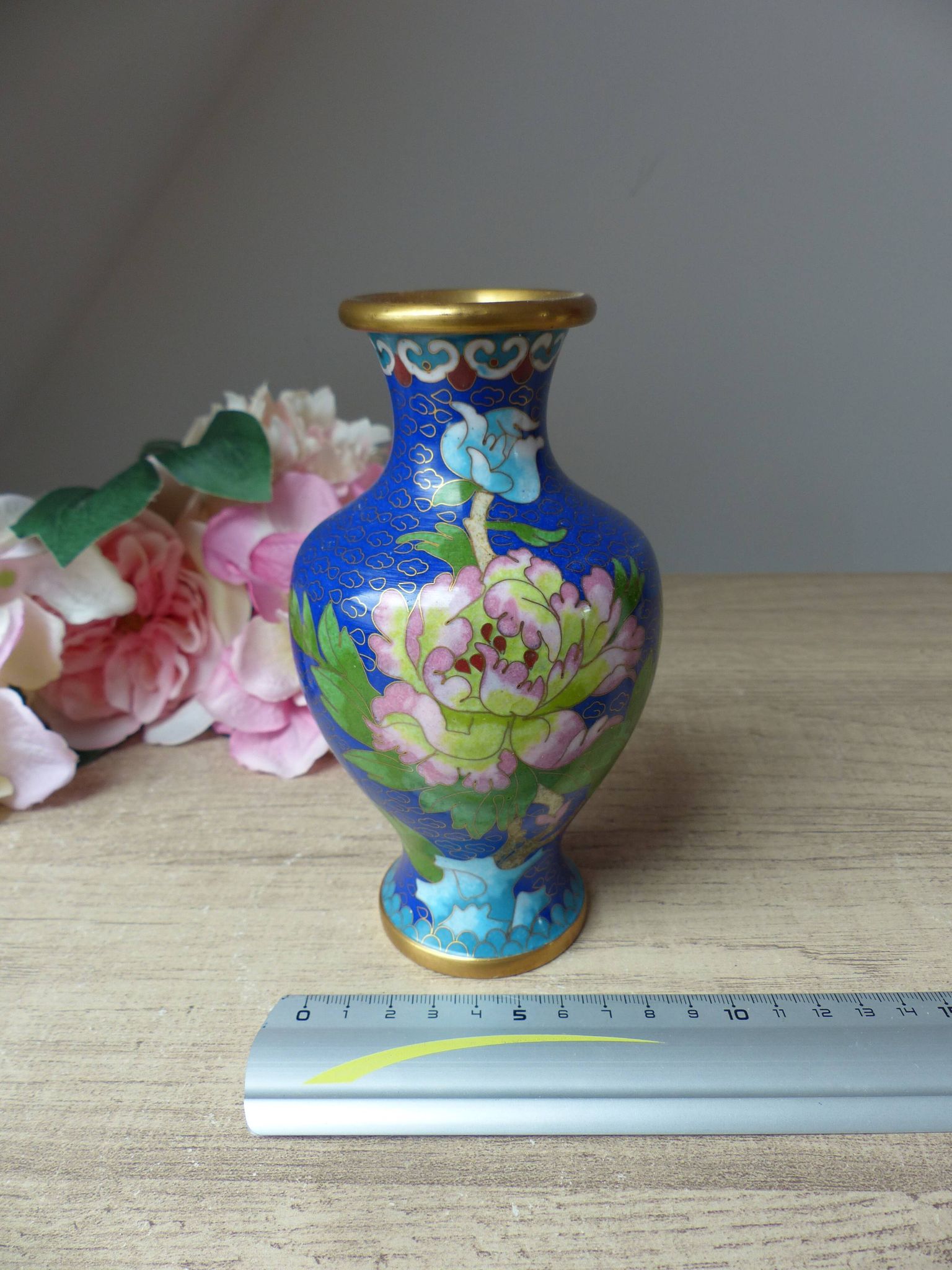 Old small blue cloisonné brass vase with pink peony flower motif