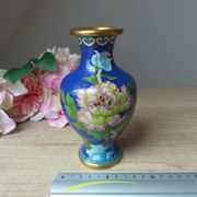 Old small blue cloisonné brass vase with pink peony flower motif