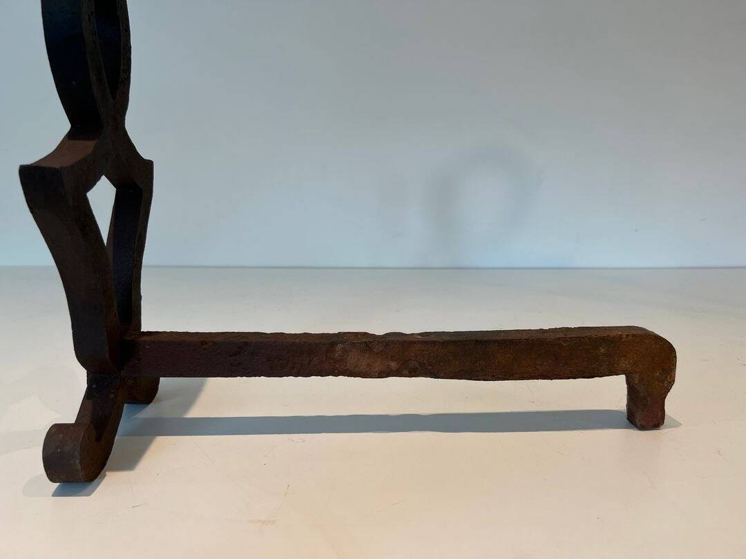 Pair of Modernist Andirons in Cast Iron with Stylised Figure Supports, by Ray