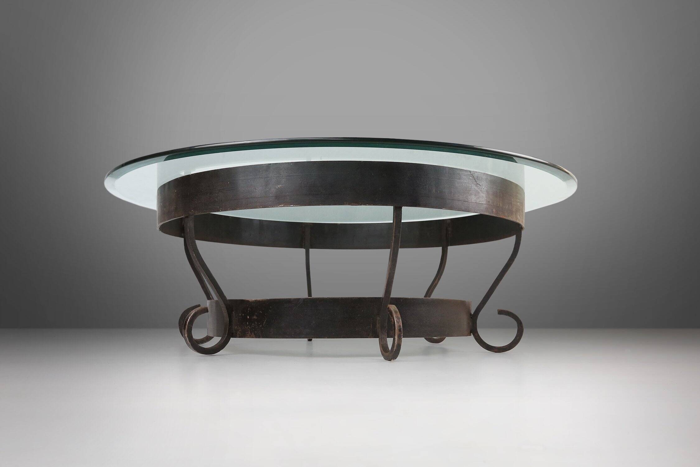 Round Coffee Table with Wrought Iron Base and Glass Top, France, 1930s
