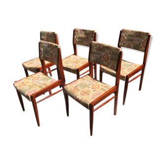 Lot of 5 chairs wooden structure and cloth seating