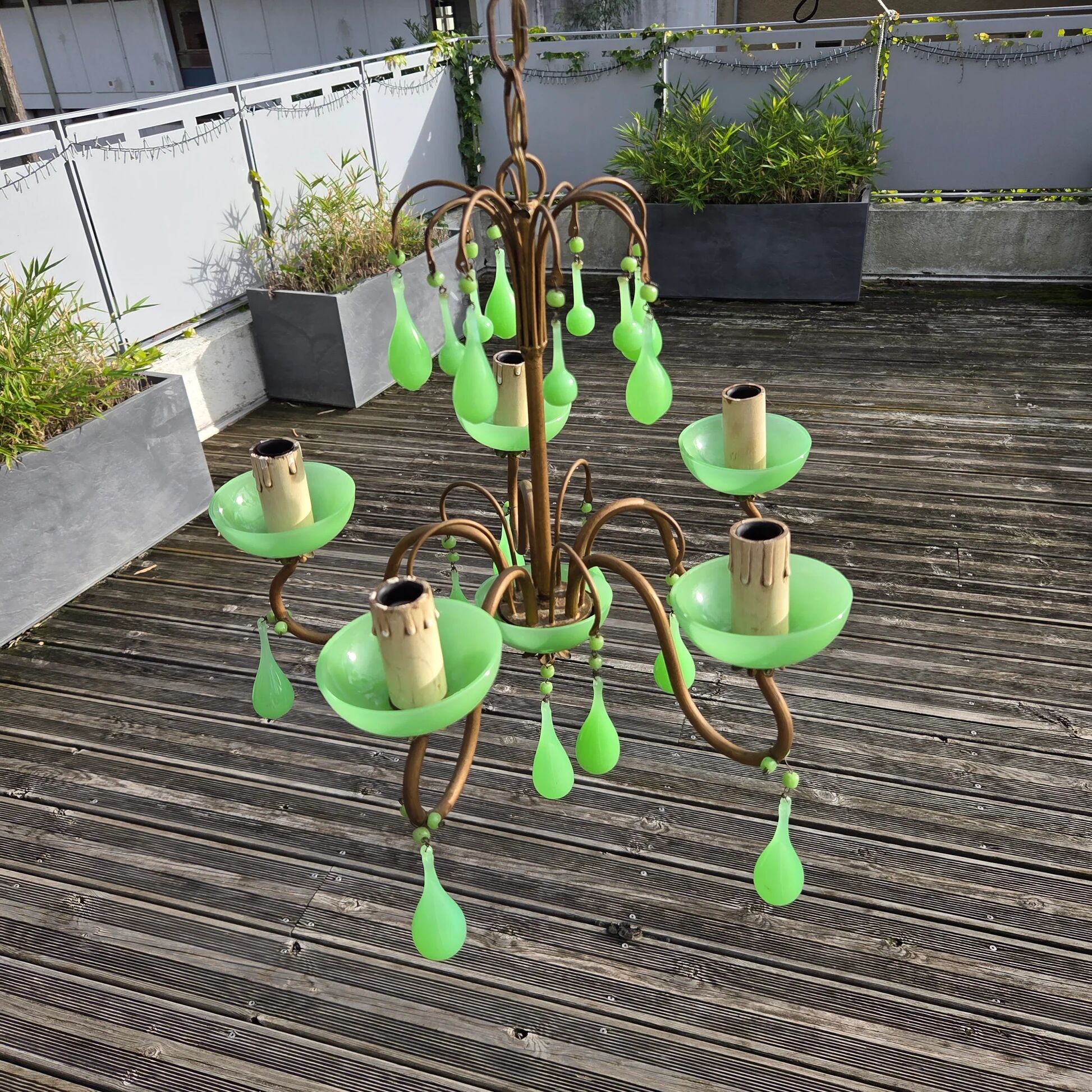 Italian chandelier with 5 lights in green opaline glass with uranium - ouraline