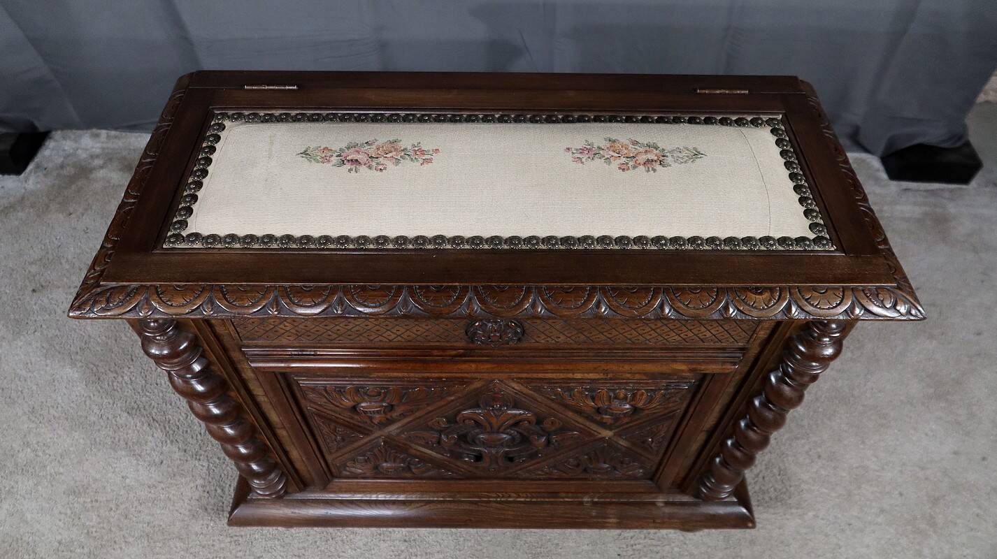 Coffre à linge de palier en hêtre et noyer massif, style louis xiii – fin xixe