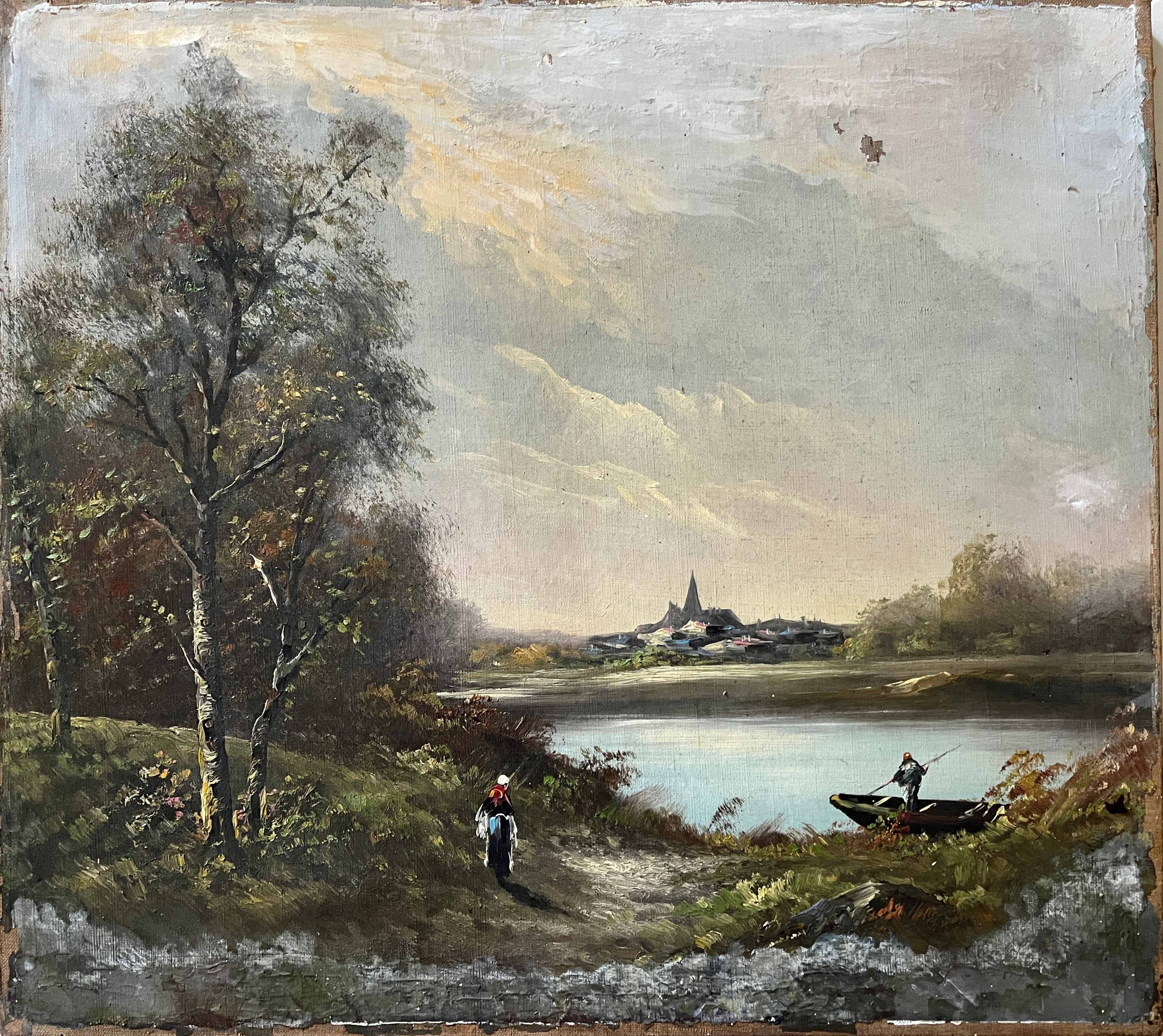Table pendant of HST "Barbizon Landscape" signed (?) for restoration.