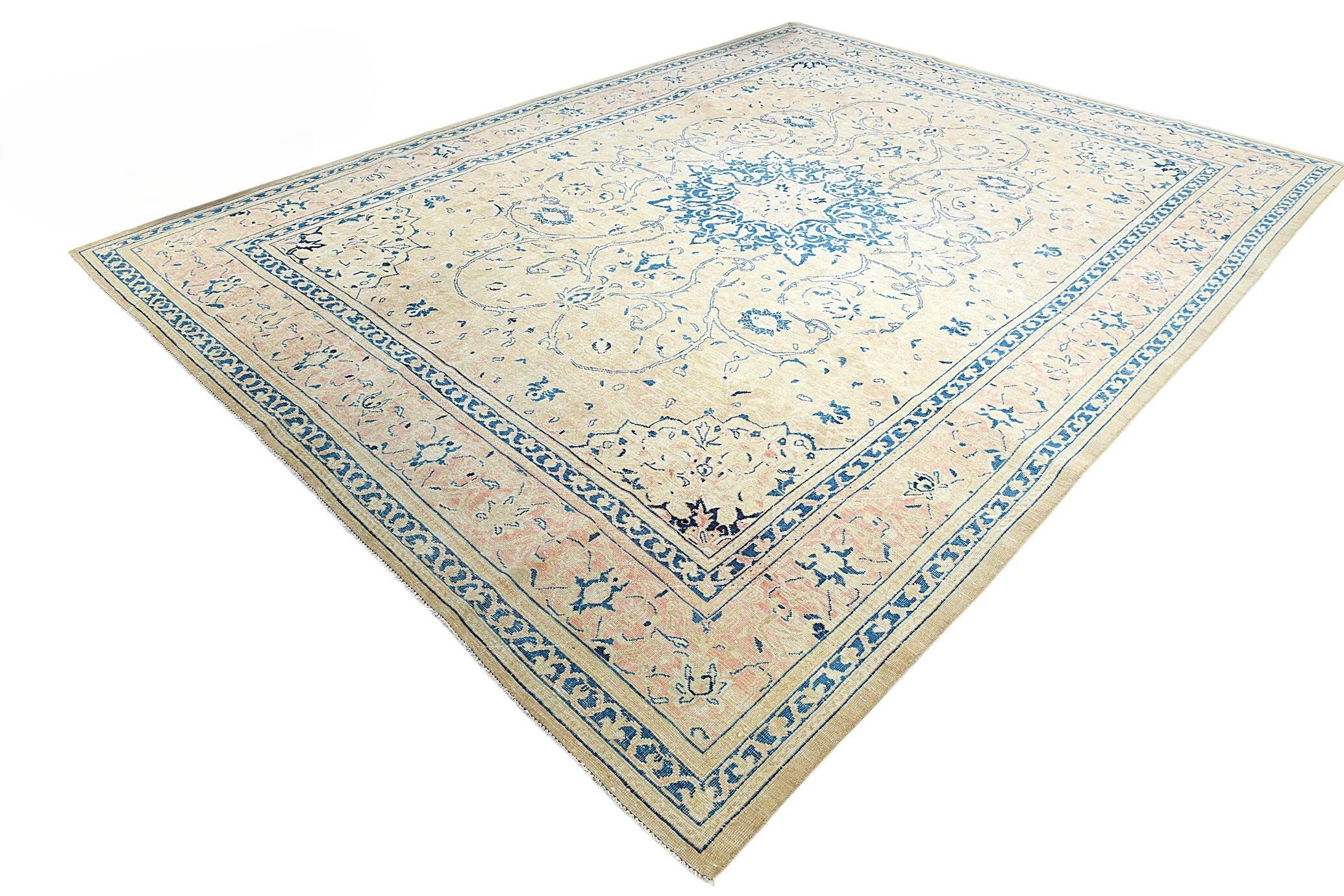 Tapis persan vintage beige et bleu à médaillon floral, 300x393 cm