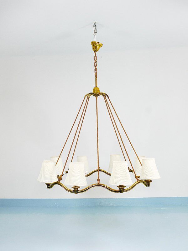 Large Viennese Modernism curved brass wave chandelier by Hugo Gorge, 1940s