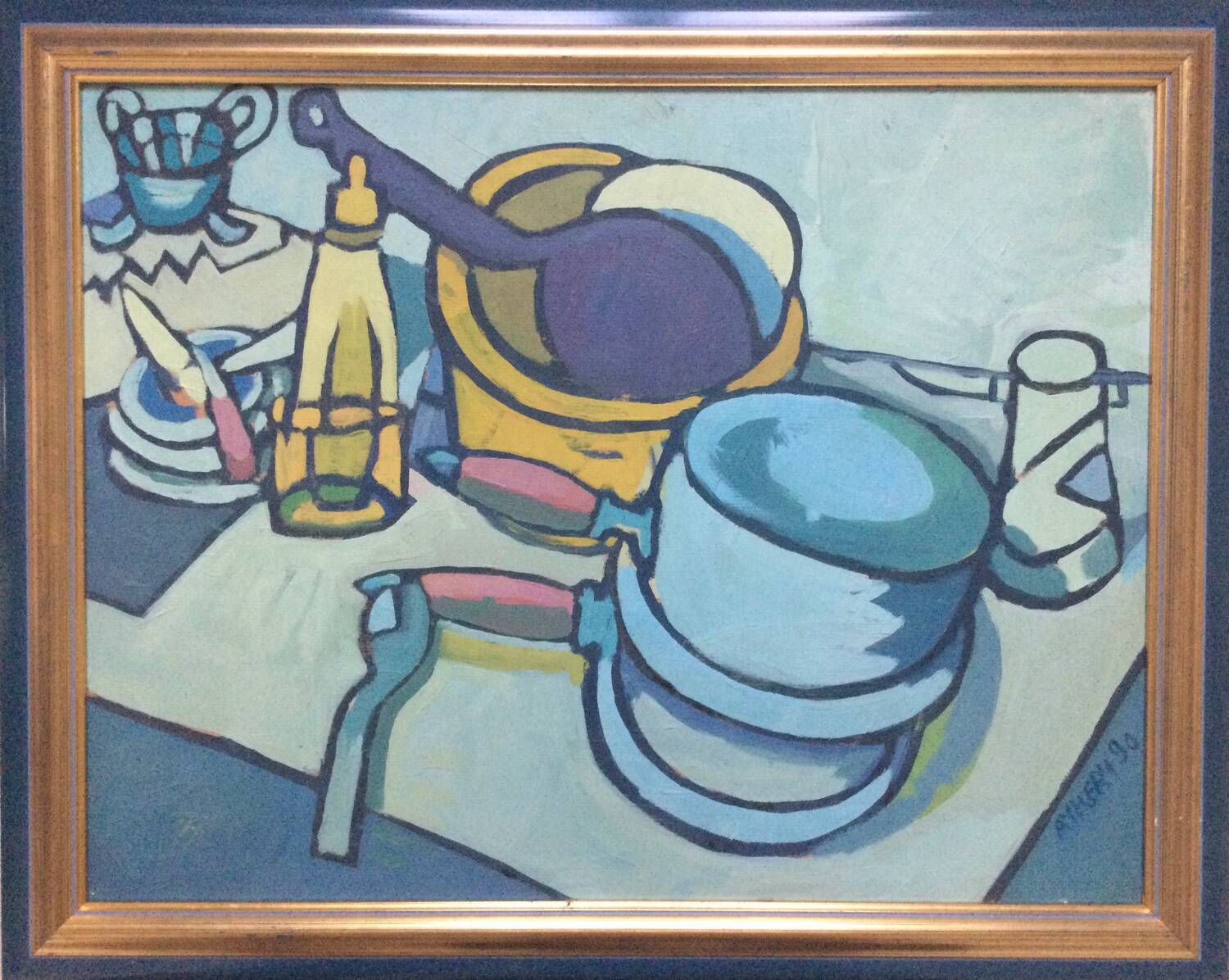 Oil on canvas by aymery rolland. still life with saucepans