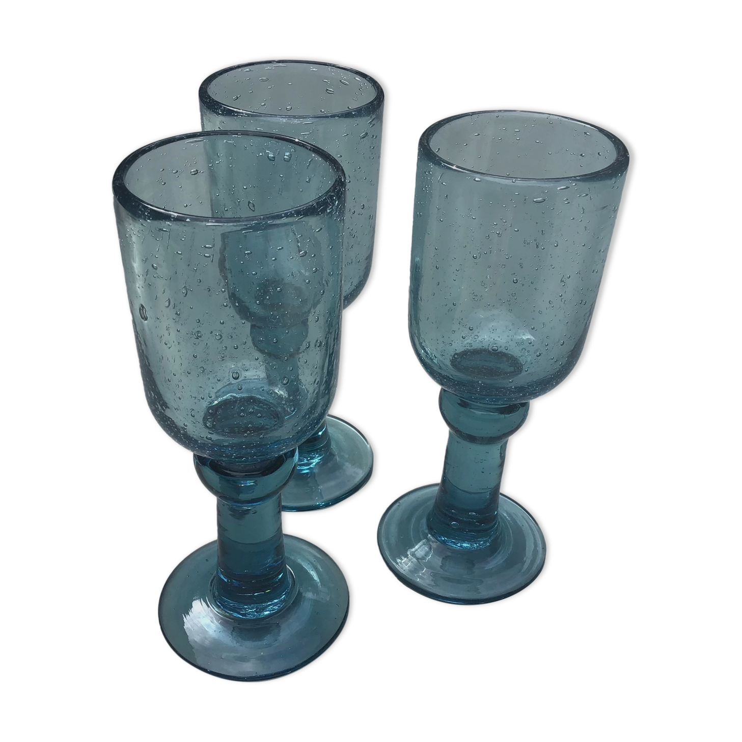 Set of 3 biot bubbled glass of turquoise blue color