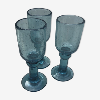 Set of 3 biot bubbled glass of turquoise blue color