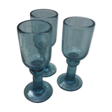 Set of 3 biot bubbled glass of turquoise blue color