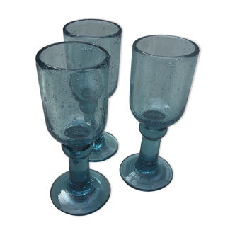 Set of 3 biot bubbled glass of turquoise blue color