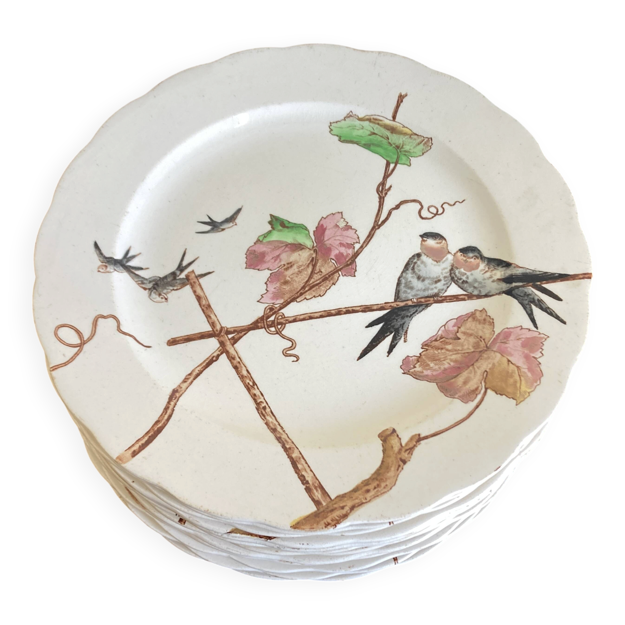 set de 12 assiettes polychrome 1850 ondulées Brownfield England oiseaux