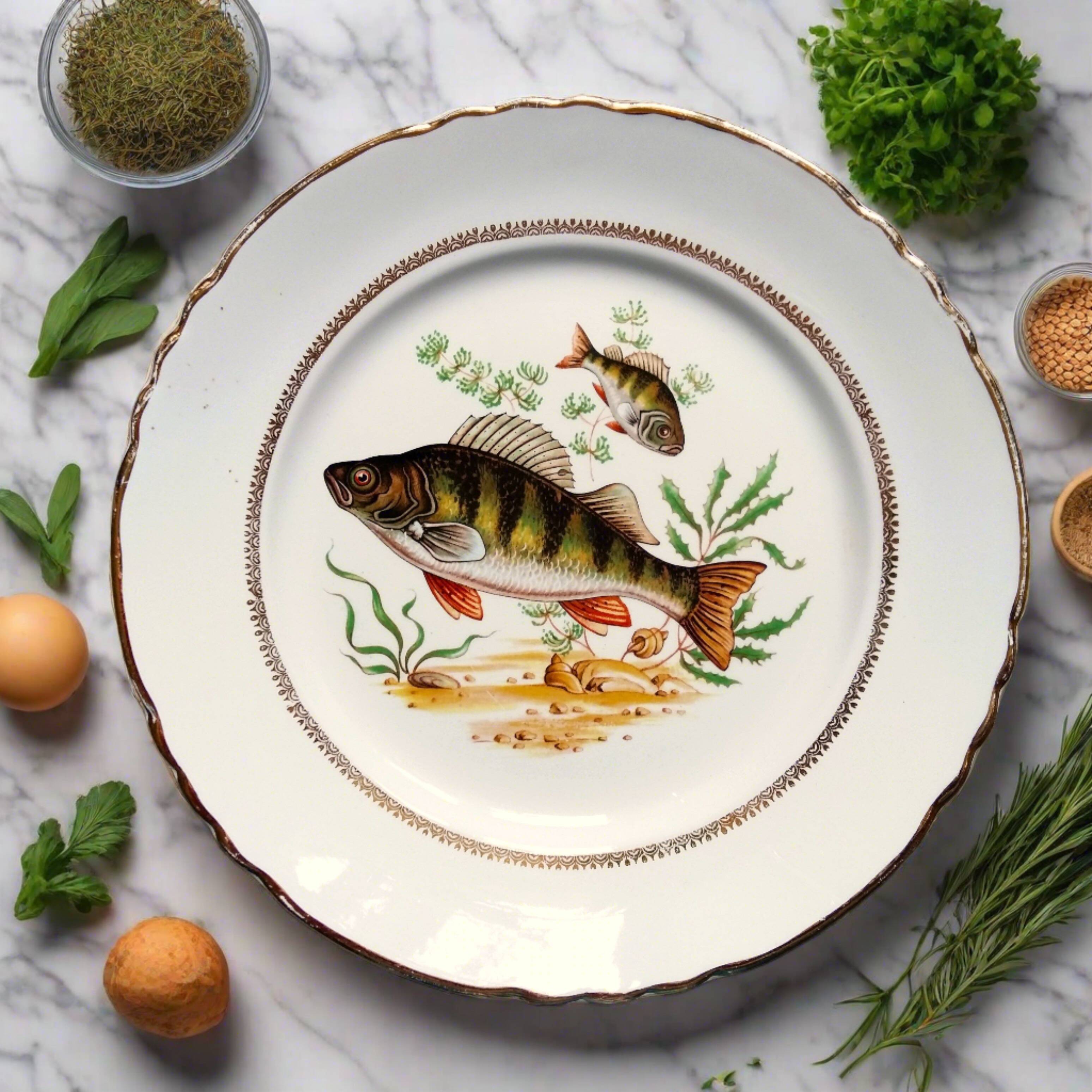 Six Vintage Fish Plates by Moulin des Loups. French Fish Plate Set. Fish Dinnerware Set.