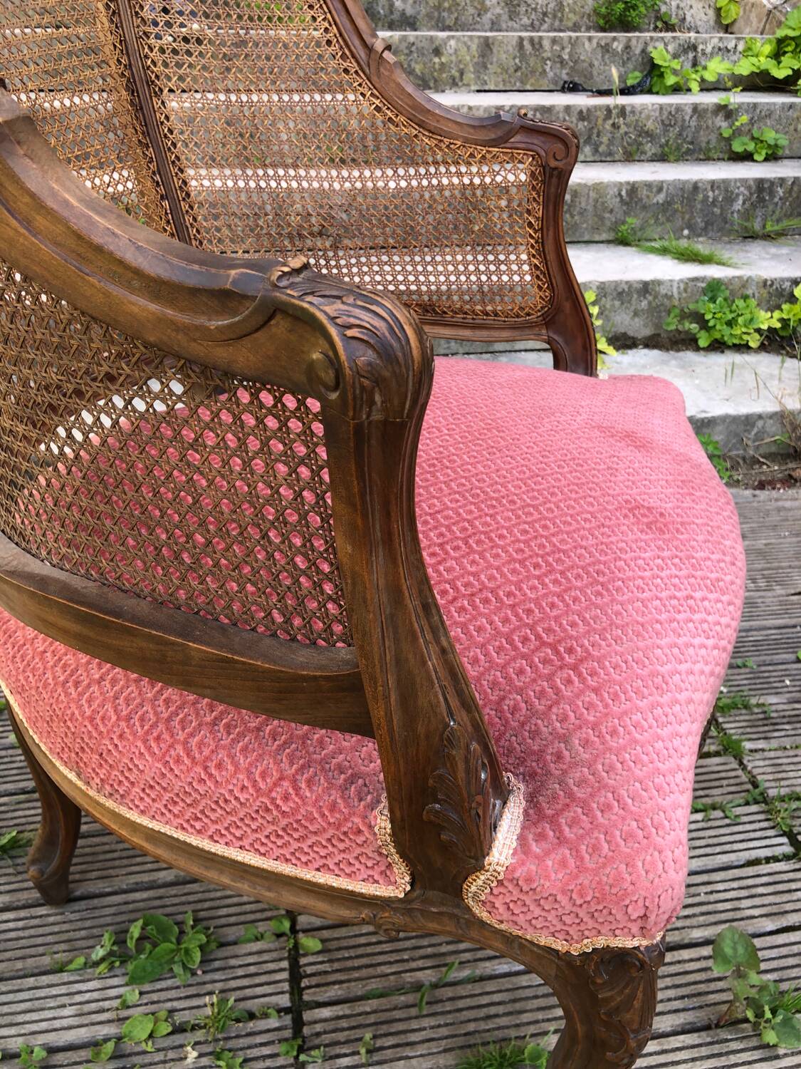 Louis XV style walnut and cane armchair