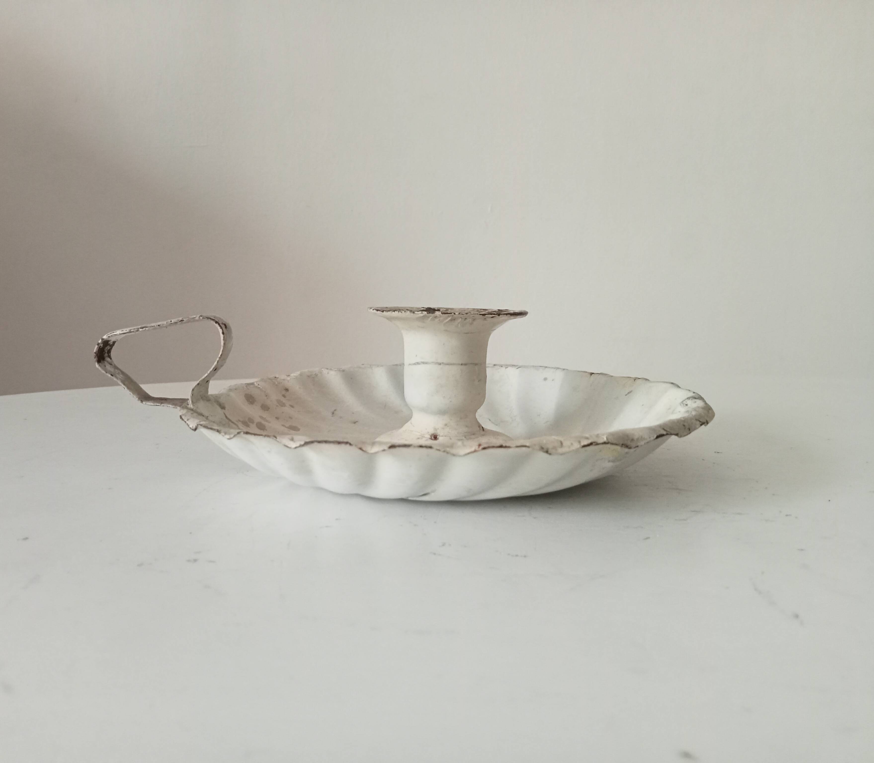 Antique hand candle holder "cellar rat" in enamelled metal