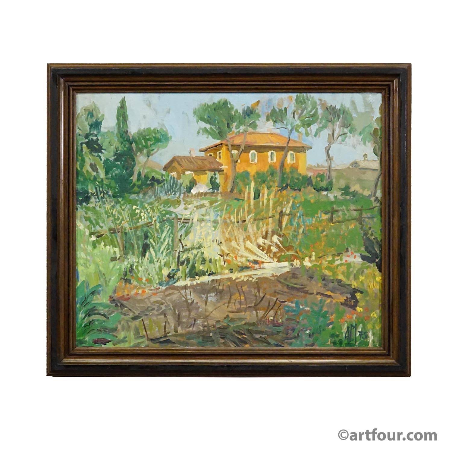 Vintage oil painting of a Mediterranean village, Alexander Michael 1975.