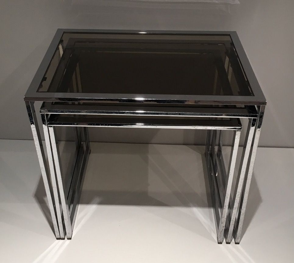 Set of 3 chrome nesting tables. Around 1970.