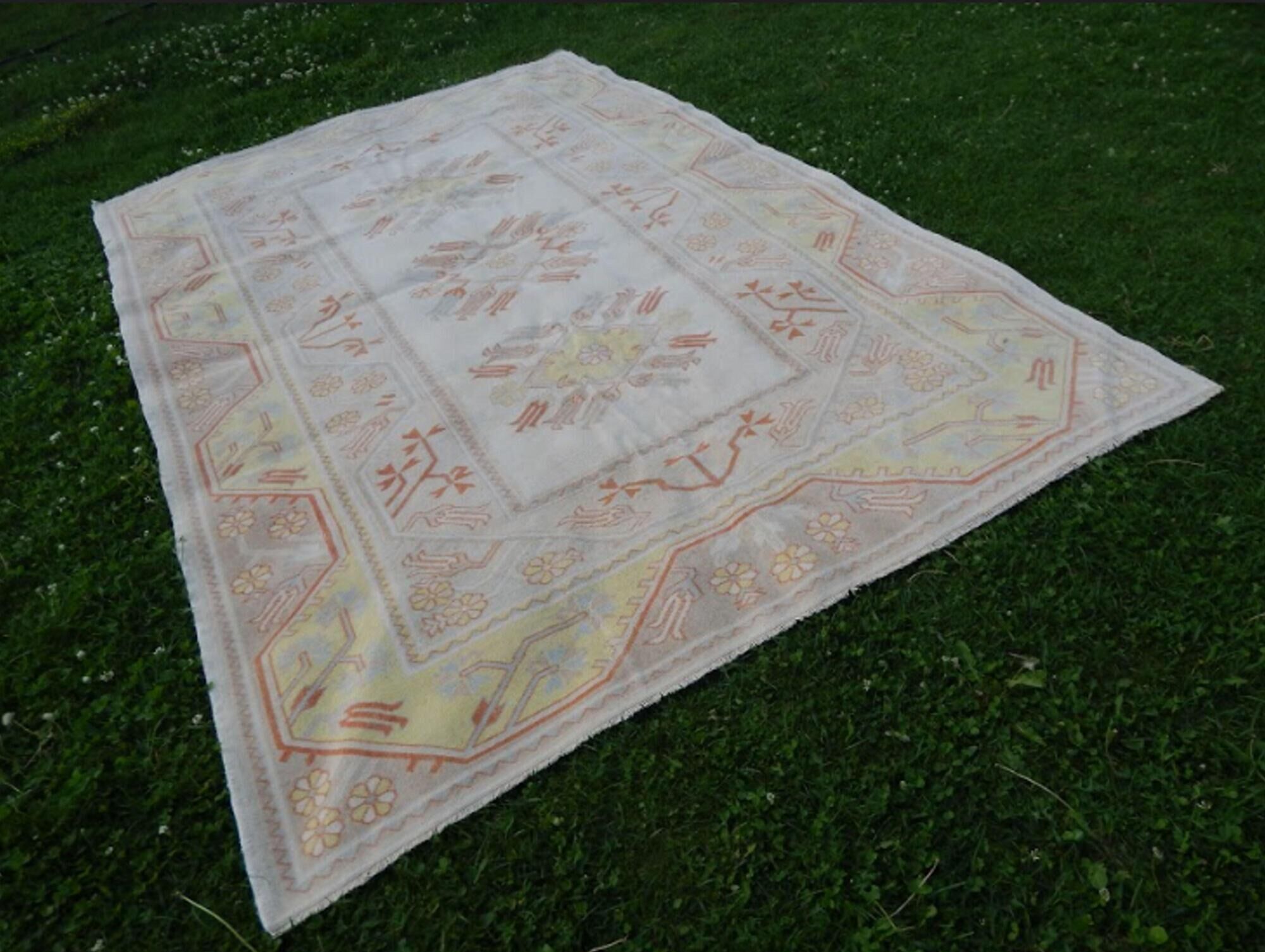 Hand-knotted orange low pile wool oushak rug 6′5″ × 9′5″ (195 x 287 cm)