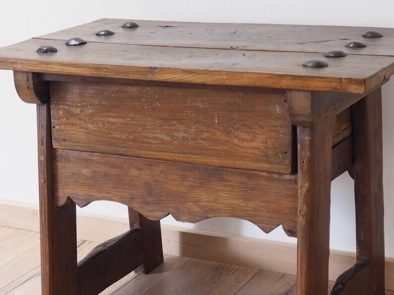 Mid-Century Coffee Table Carved Drawer, Rustic Nailhead Details