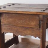 Mid-Century Coffee Table Carved Drawer, Rustic Nailhead Details