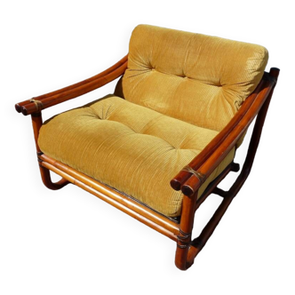 Magnifique Fauteuil Rotin tissu velours  - Vintage - Club cocktail