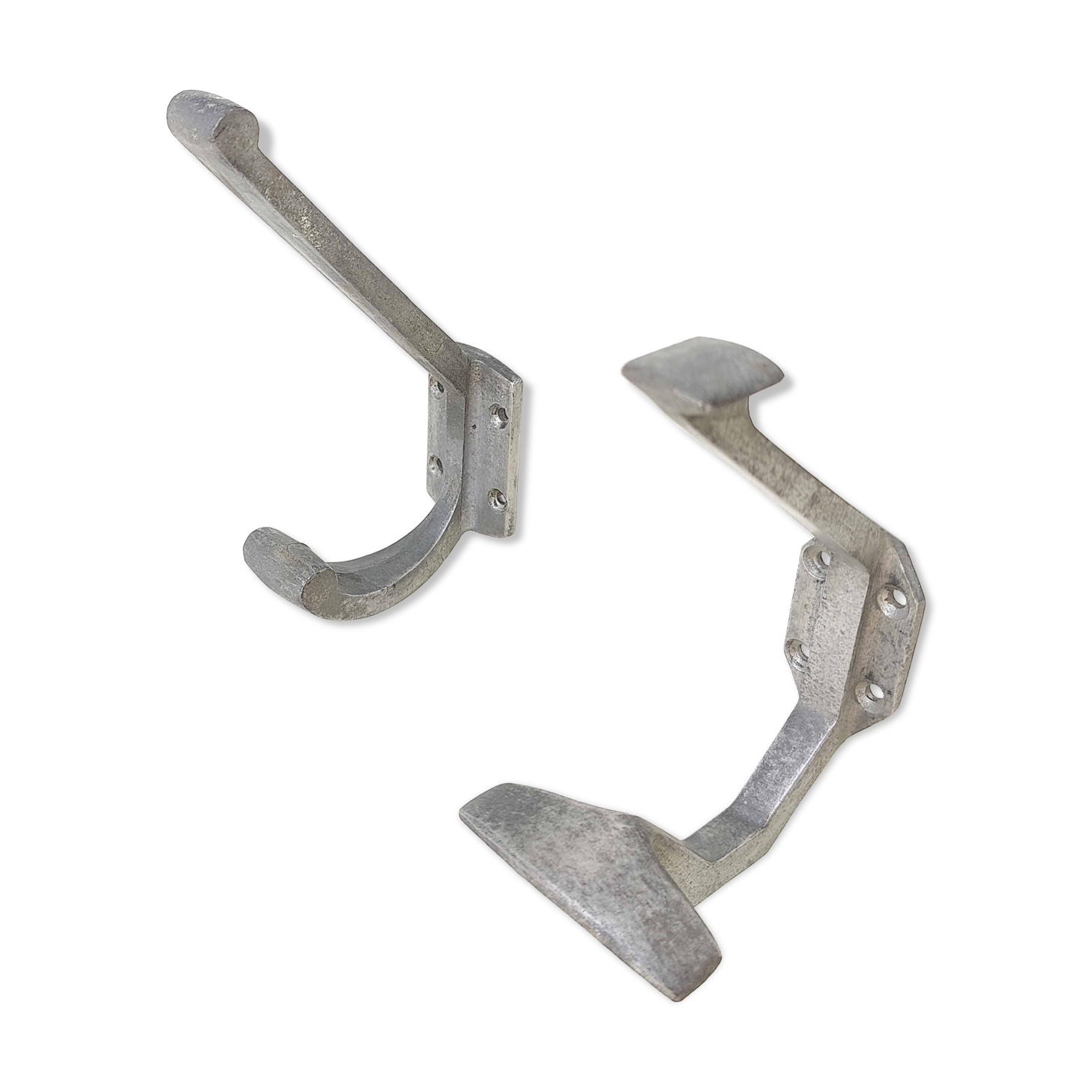 Two mismatched art deco aluminum hooks