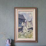 Mid-Century Modern "The Fisherman" Vintage Swedish Figurative Oil Painting, Framed