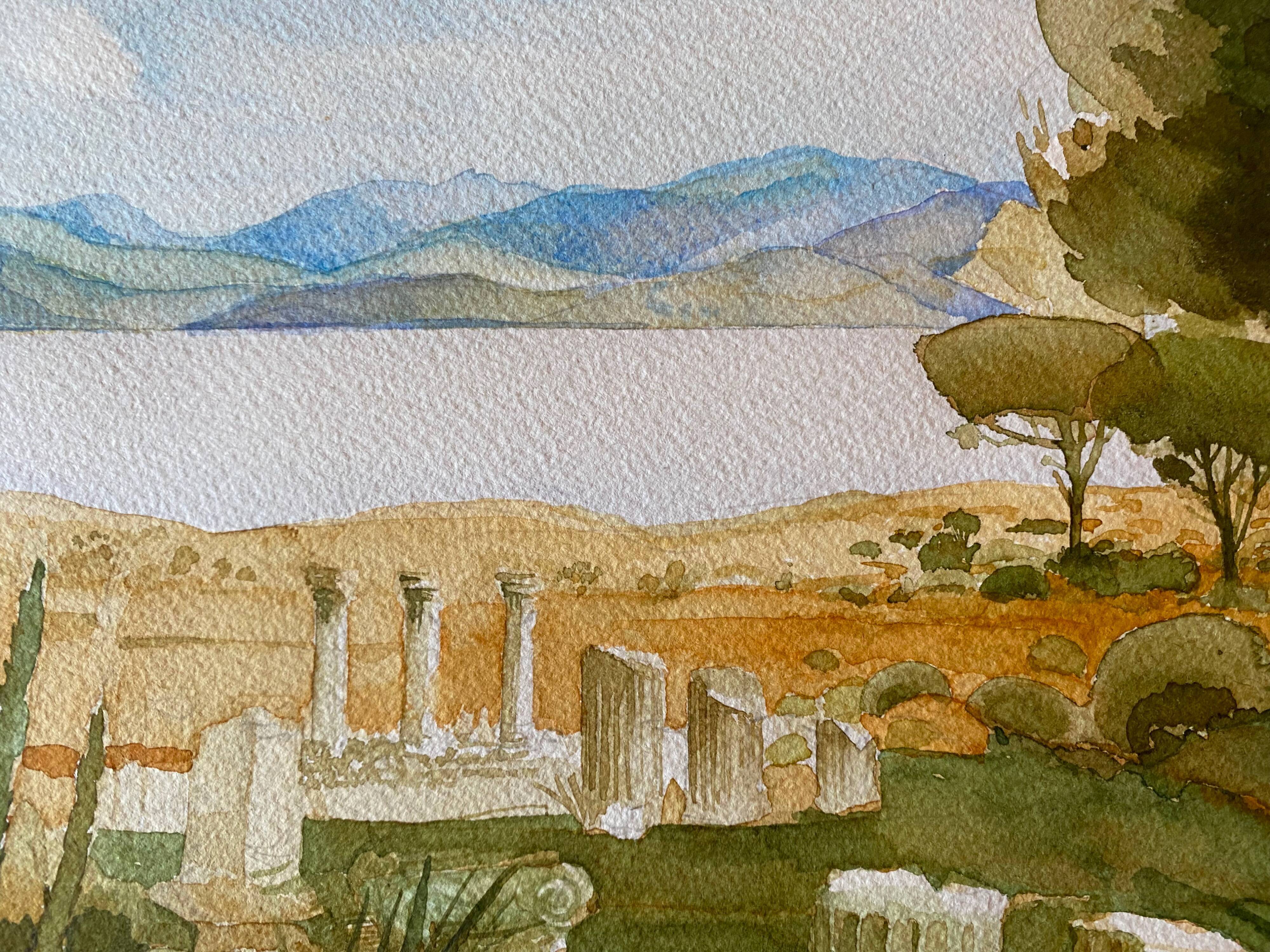 Watercolor painting "landscape of Greece" Ruin signed Leveque 1989