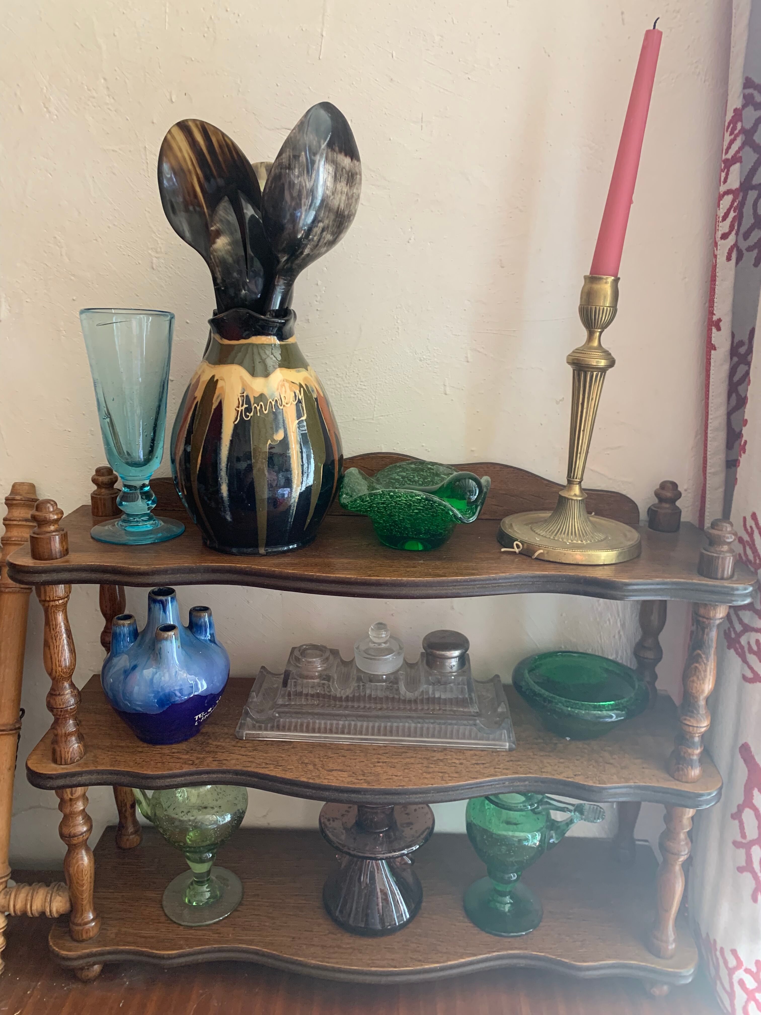Shelf, 3 shelves, turned wood and vintage varnish