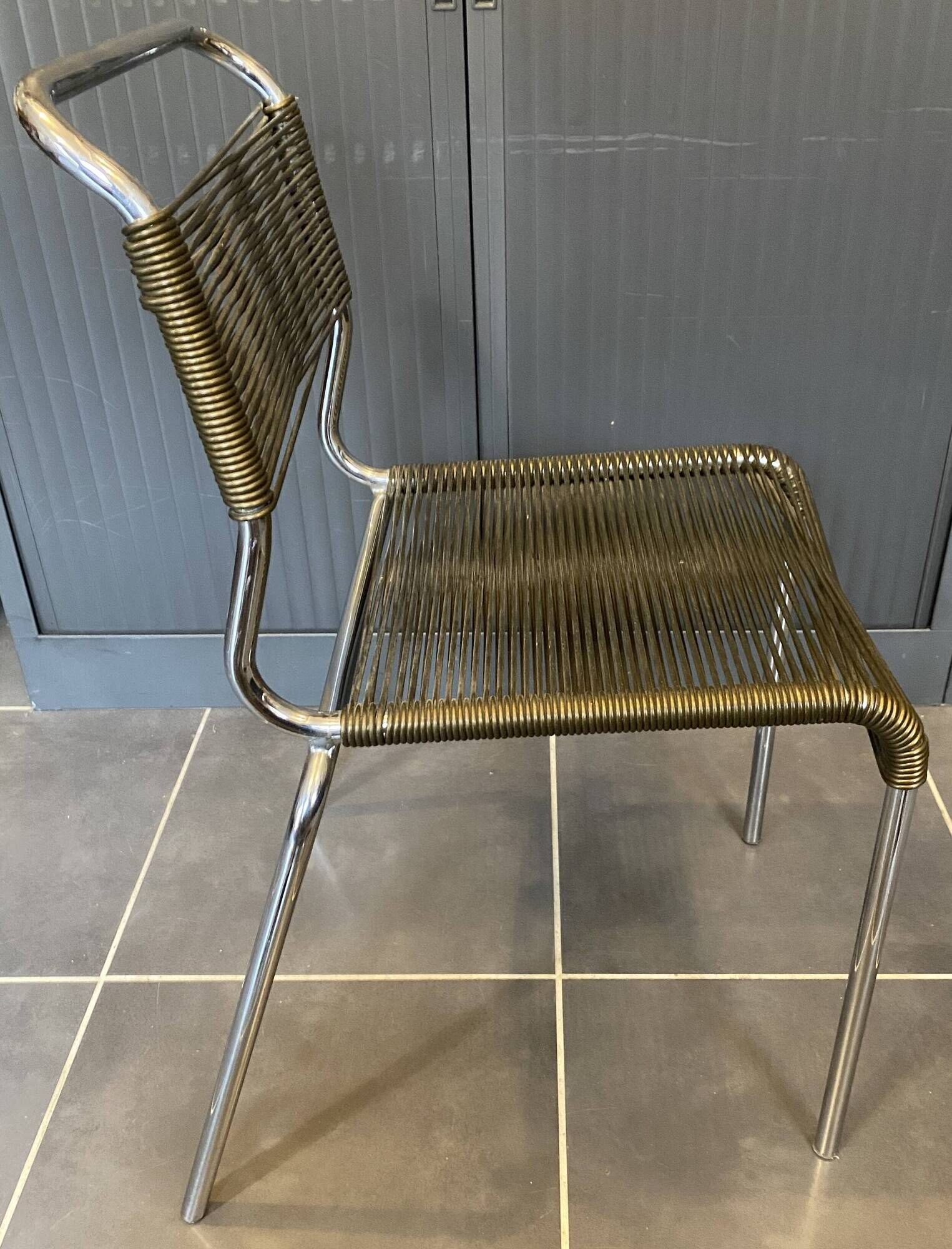 Scoubidou chair or vintage 1960s khaki green chrome spaghetti chair