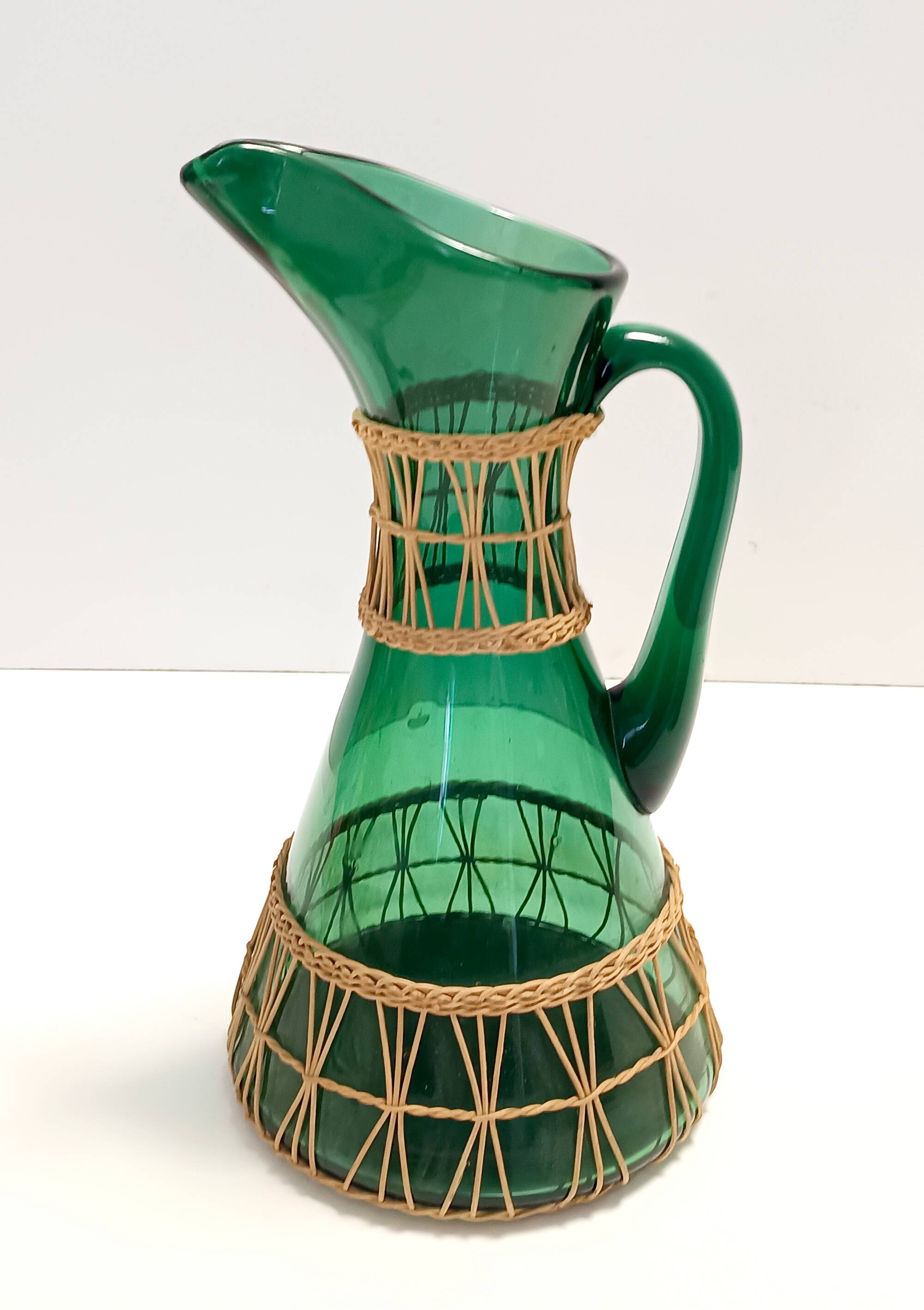 Green Hand Blown Glass and Wicker Jug / Vase, Empoli, Italy
