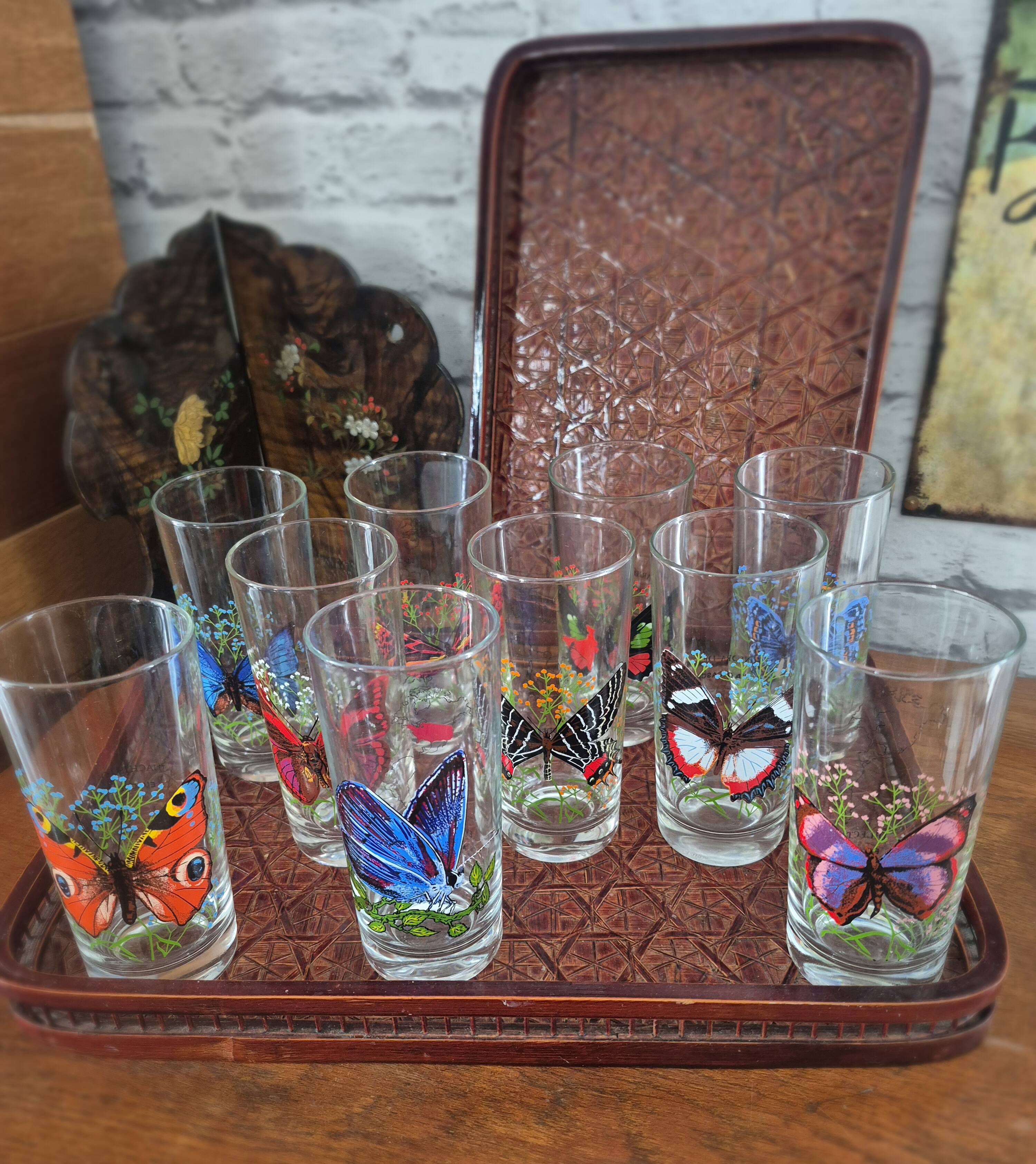 Set of 10 butterfly glasses from the Reims glassworks, vintage.