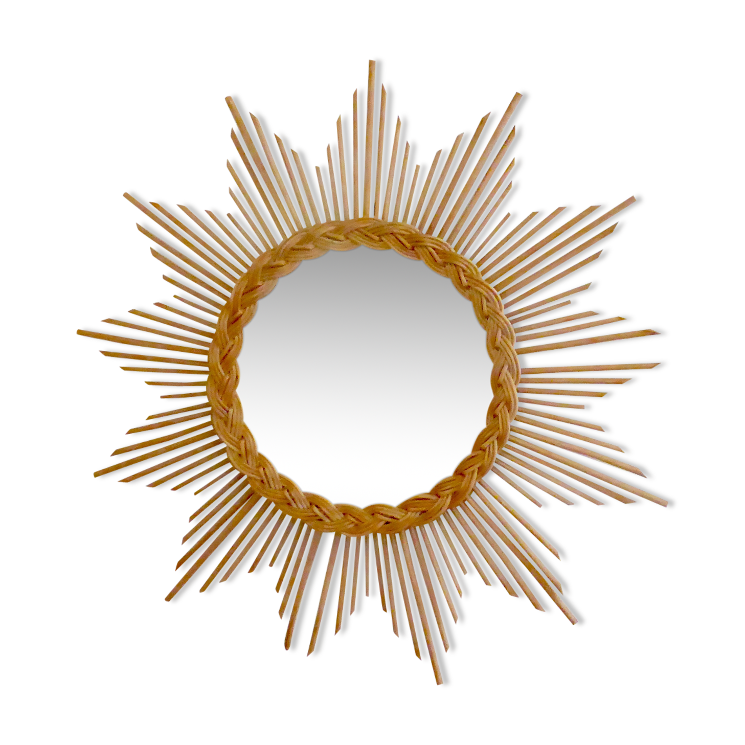 Miroir soleil vintage en rotin années 1960 60x60cm