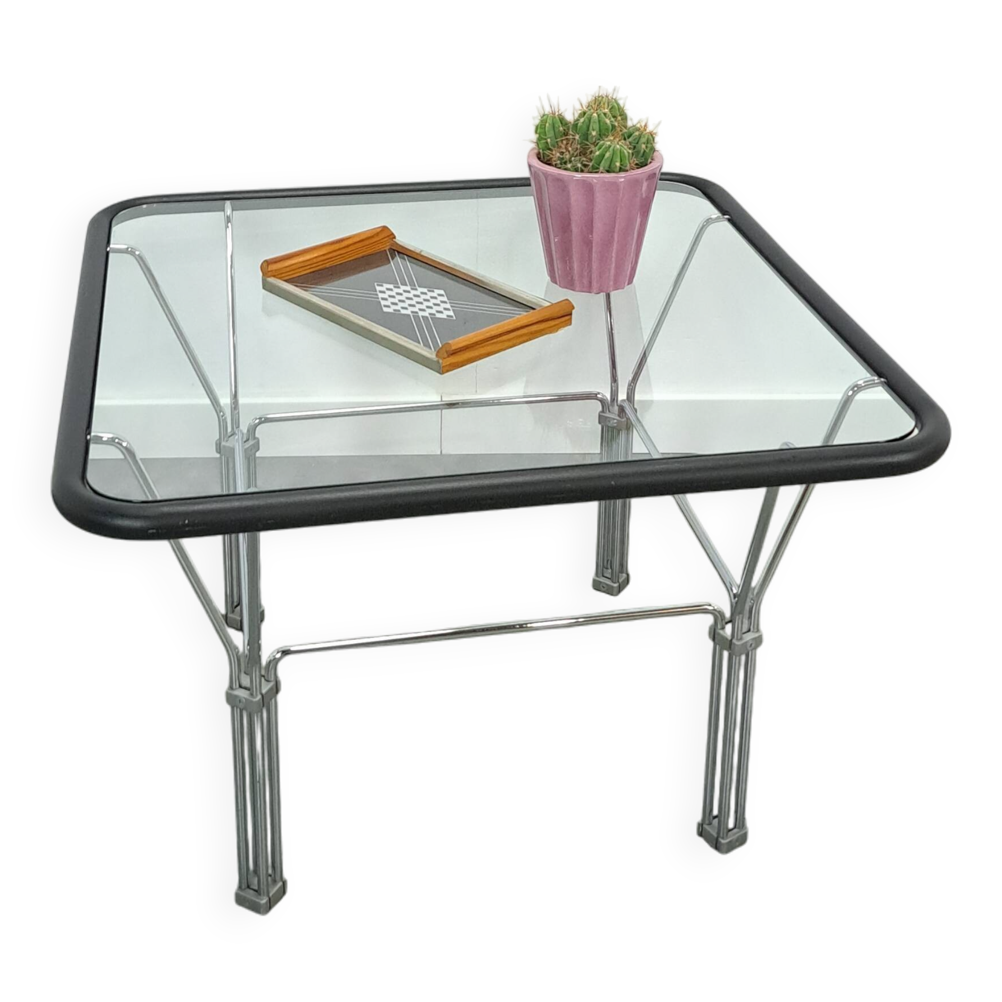 Glazen jaren 70 salontafel met chromen onderstel vintage