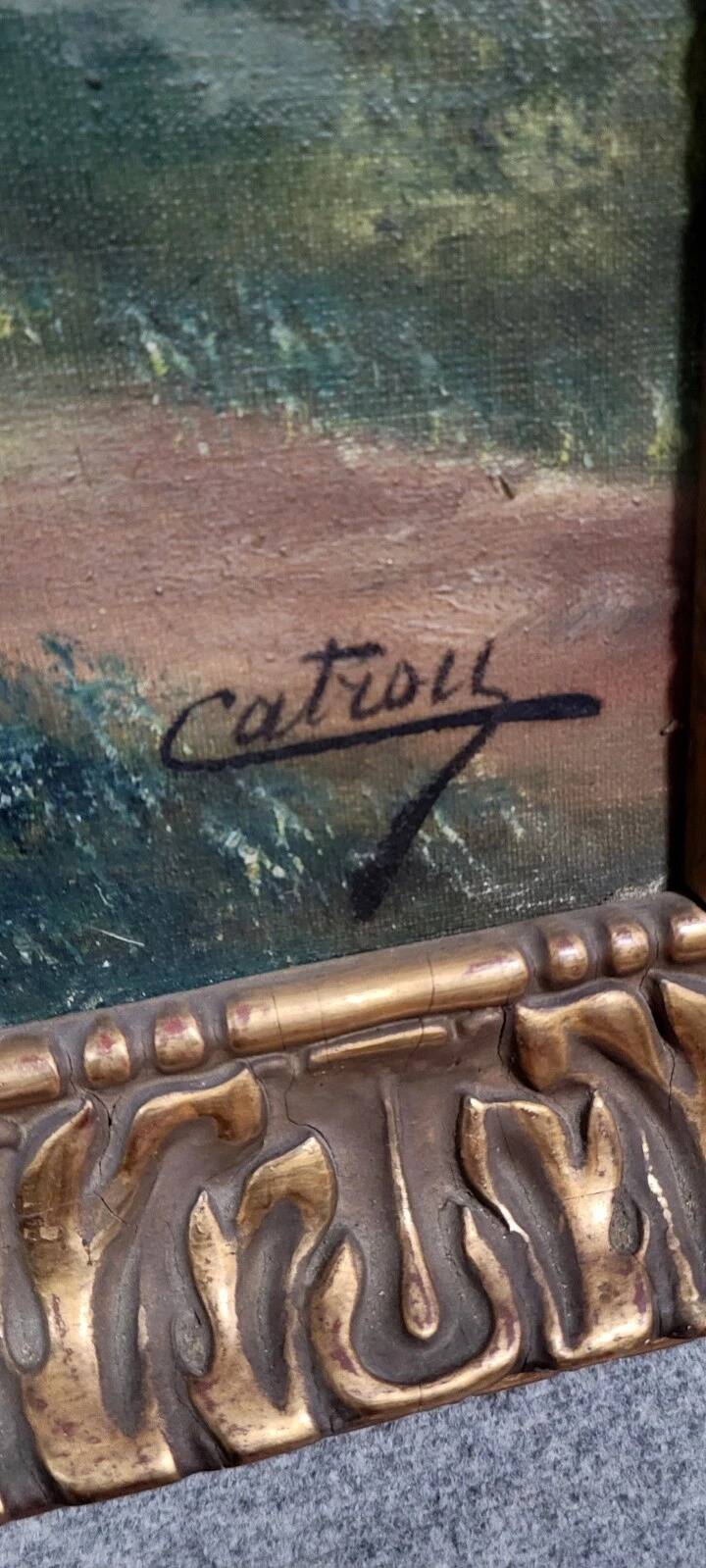 Henri catrou xixeme : huile sur toile paysage lacustre époque napoléon iii