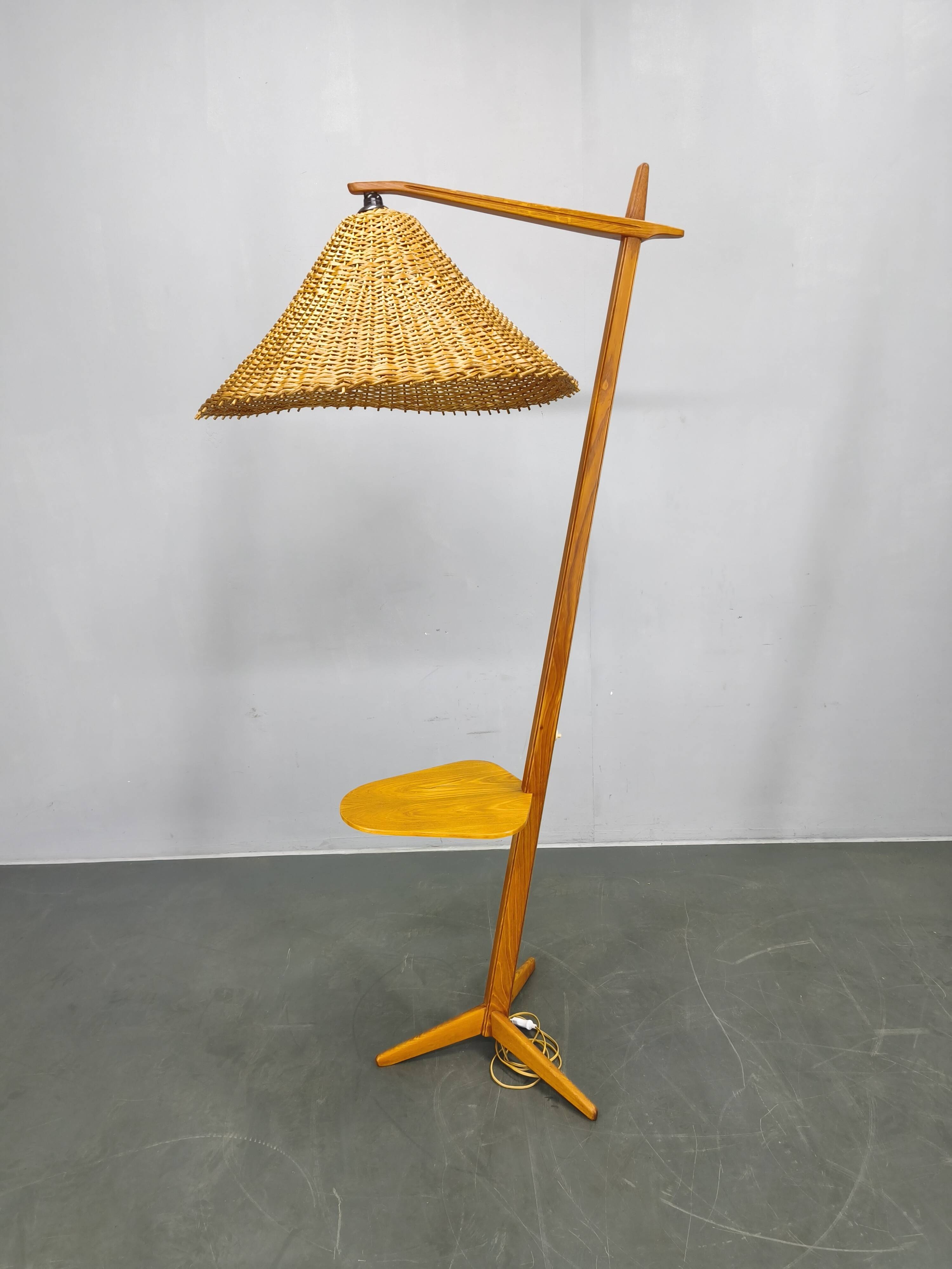 Mid-Century Floor Lamp with Rattan Shade, Czechoslovakia, 1960s