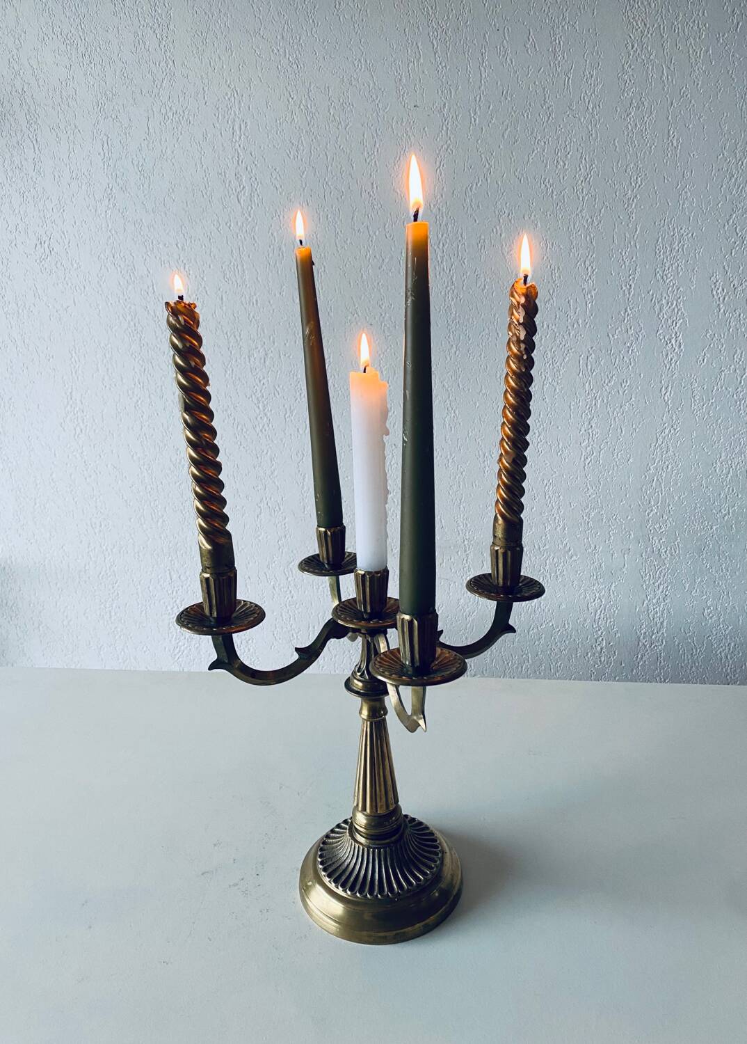 Five-branched brass candelabra