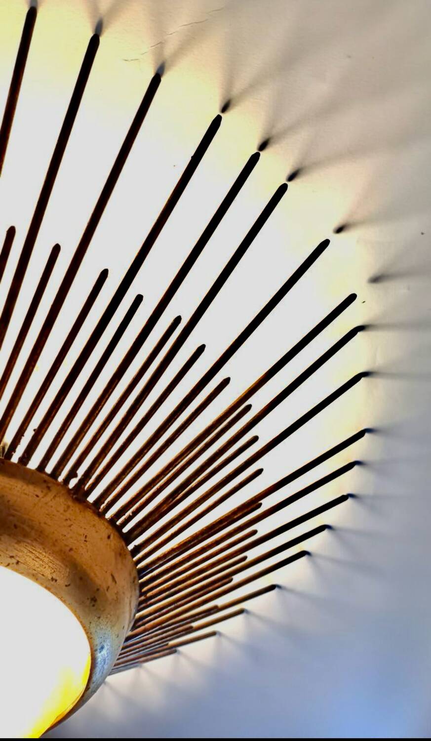 Golden sunburst metal glass pendant chandelier, 1960
