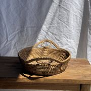 Large flat oval woven rattan basket with handles, Indonesian L53x64