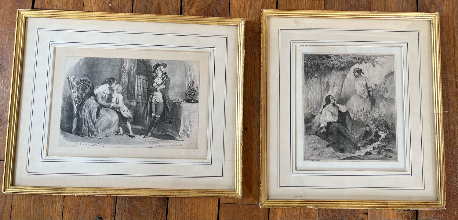 Pair of antique prints lithographs Célestin Nanteuil