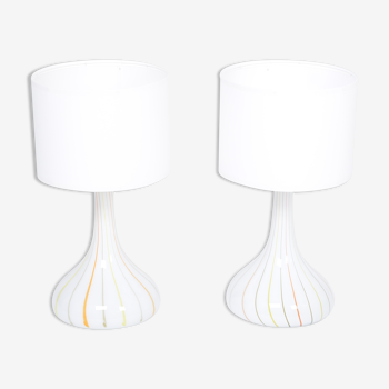 Pair of 1970s tall White Glass Table Lamps model "Candy" by Holmegaard