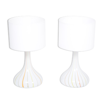 Pair of 1970s tall White Glass Table Lamps model "Candy" by Holmegaard