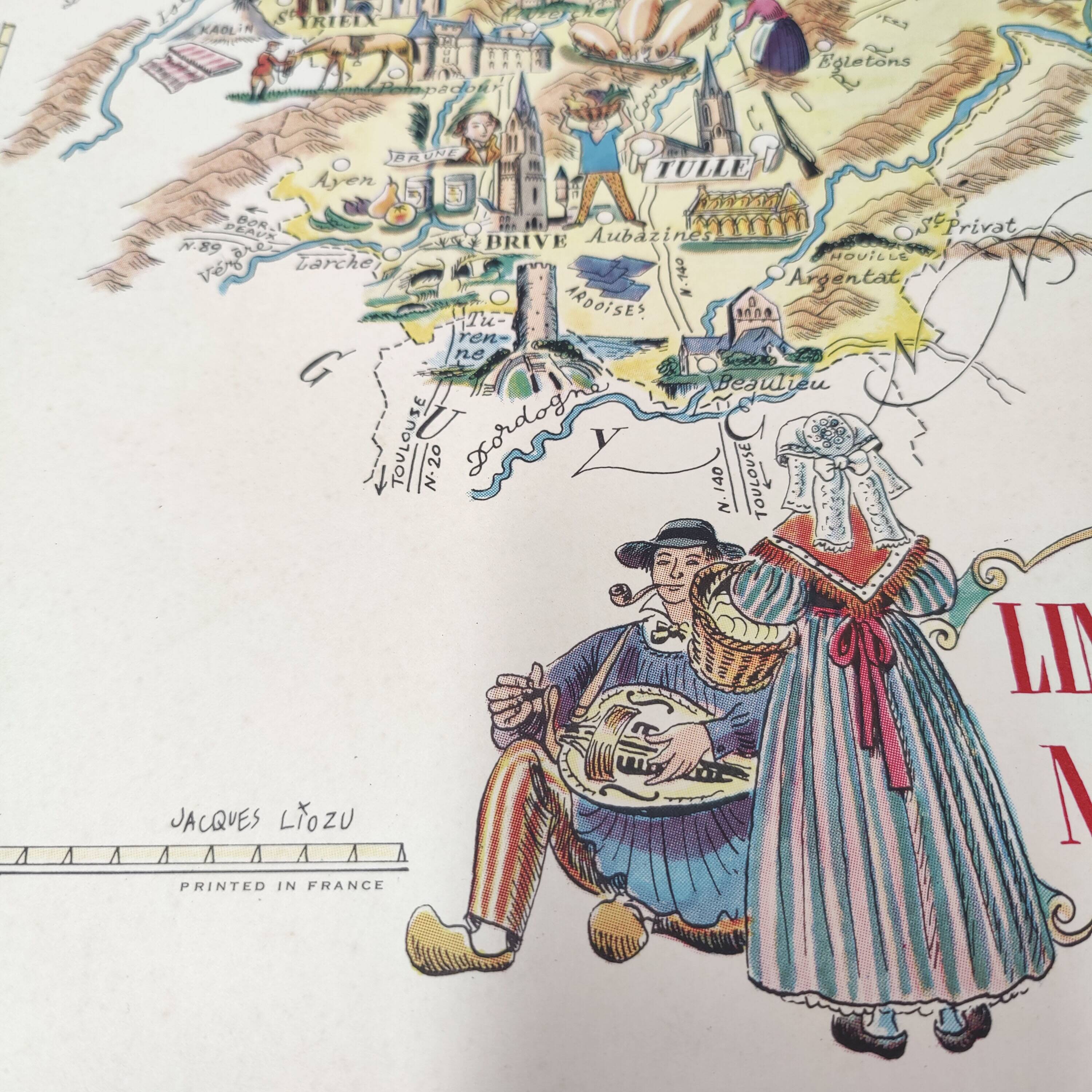 Old Limousin map illustrated Jacques Liozu 1951
