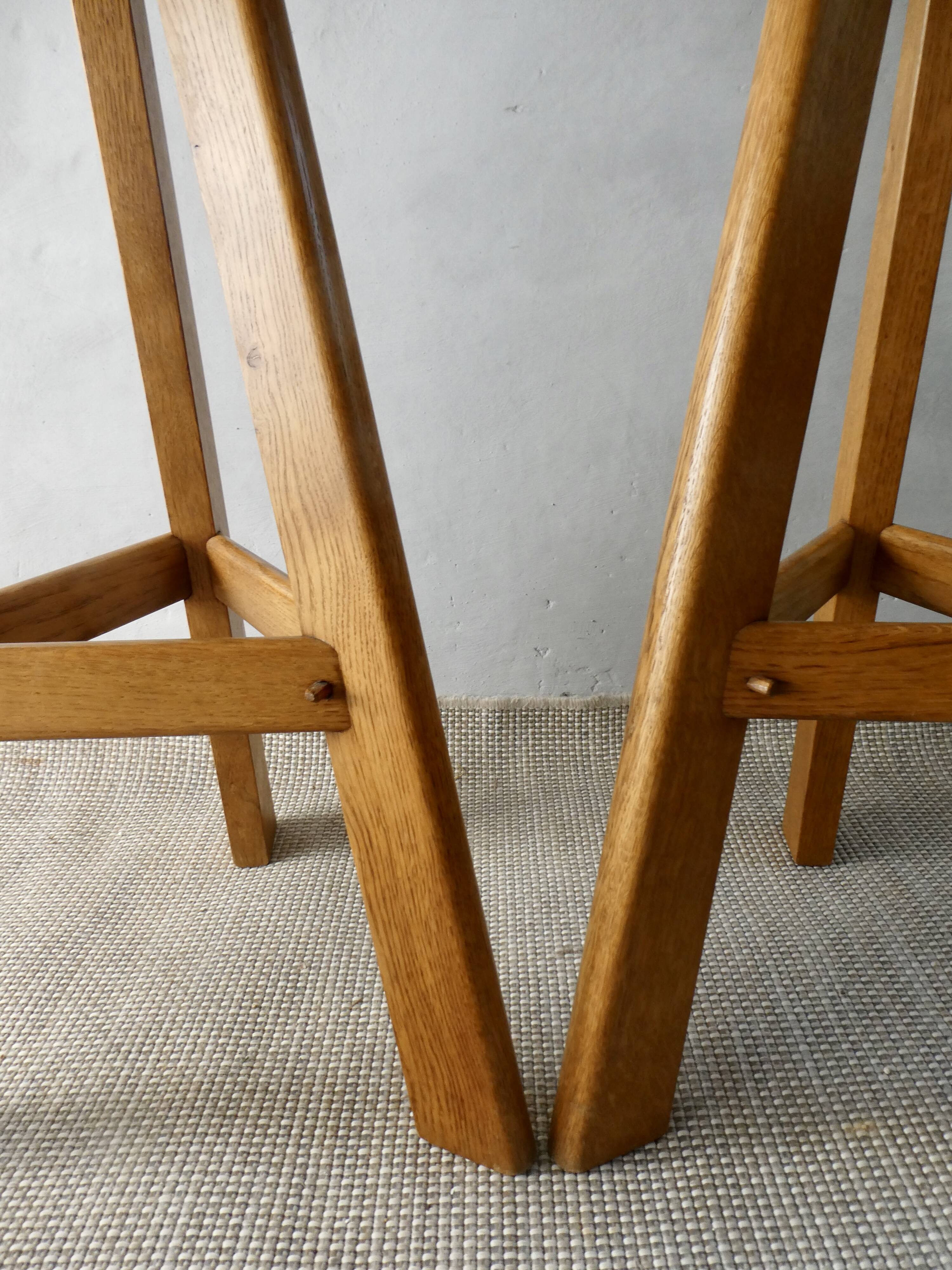Pair of high bar stools, tripods, in solid wood