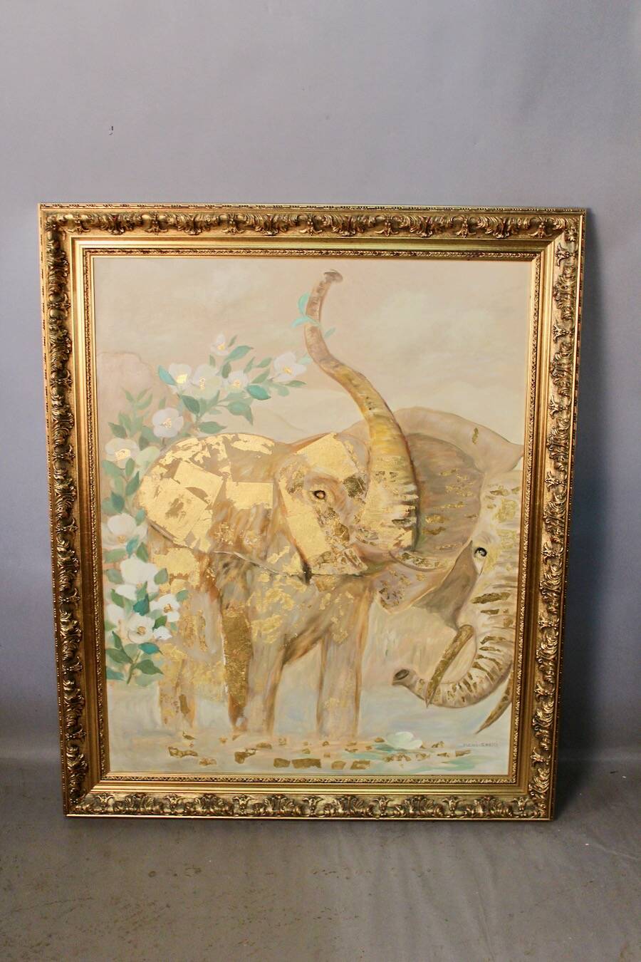 Painting Oil on canvas and gold leaf "Two elephants"